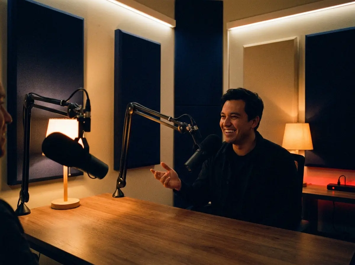 Due microfoni da podcast e un ospite in studio